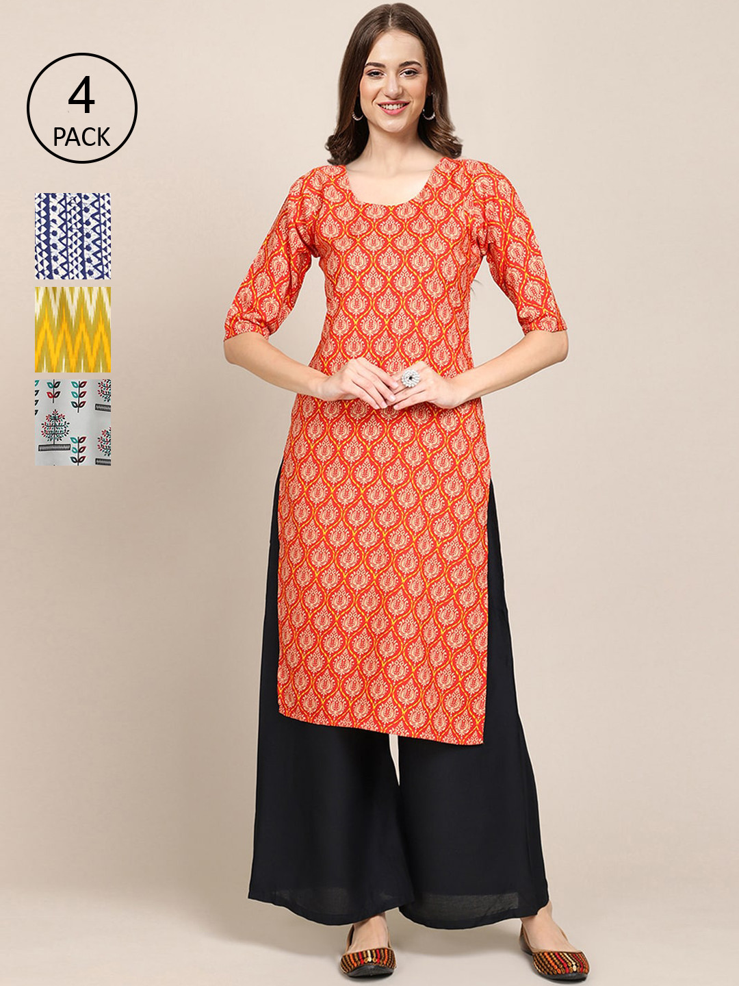 

Ethnic basket Women Pack of 4 Orange & Navy Blue Ethnic Motifs Printed Crepe Kurta