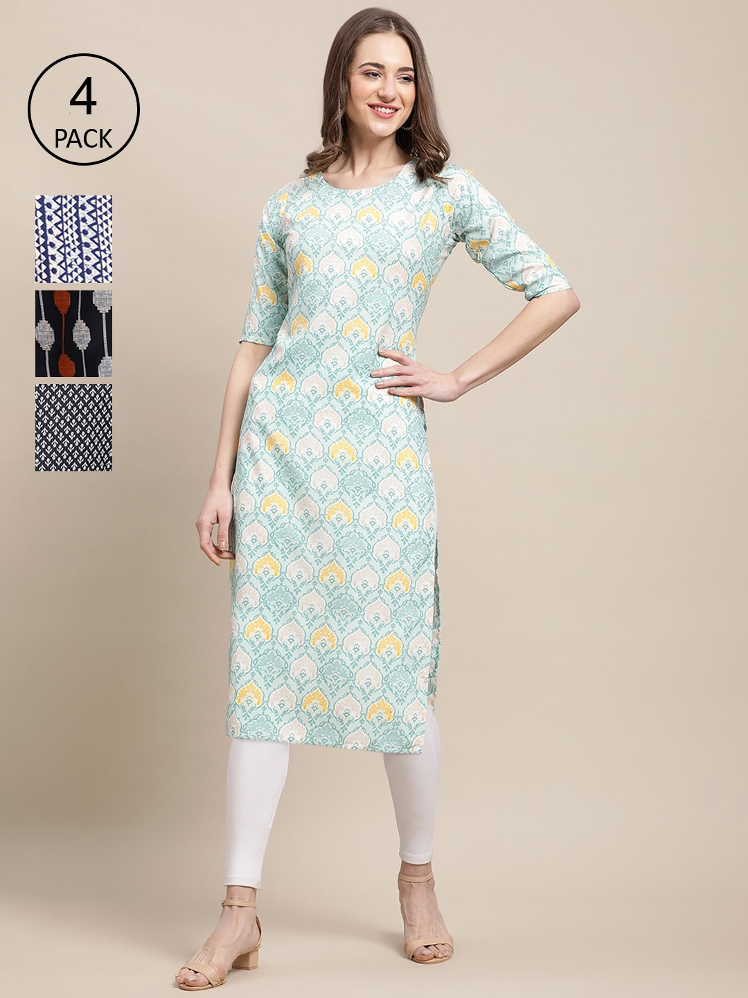 

Ethnic basket Women Pack Of 4 Ethnic Motifs Printed Crepe Kurta, Blue