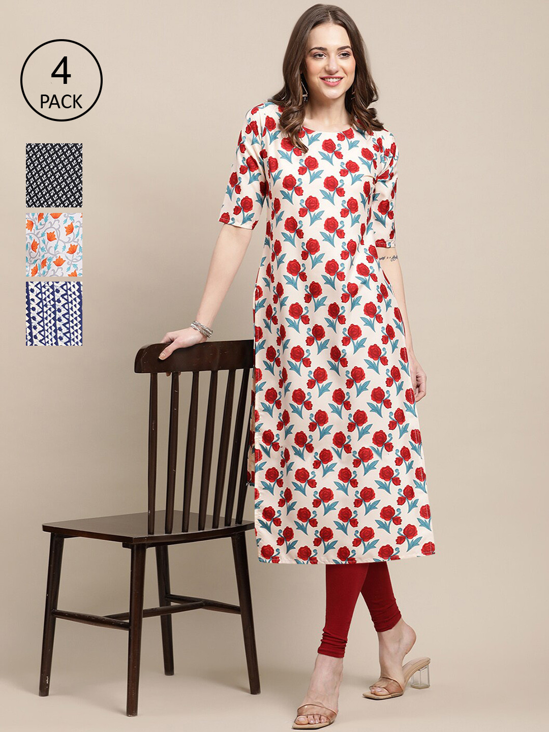 

Ethnic basket Pack of 4 Women Cream-Coloured & Black Printed Crepe Kurta