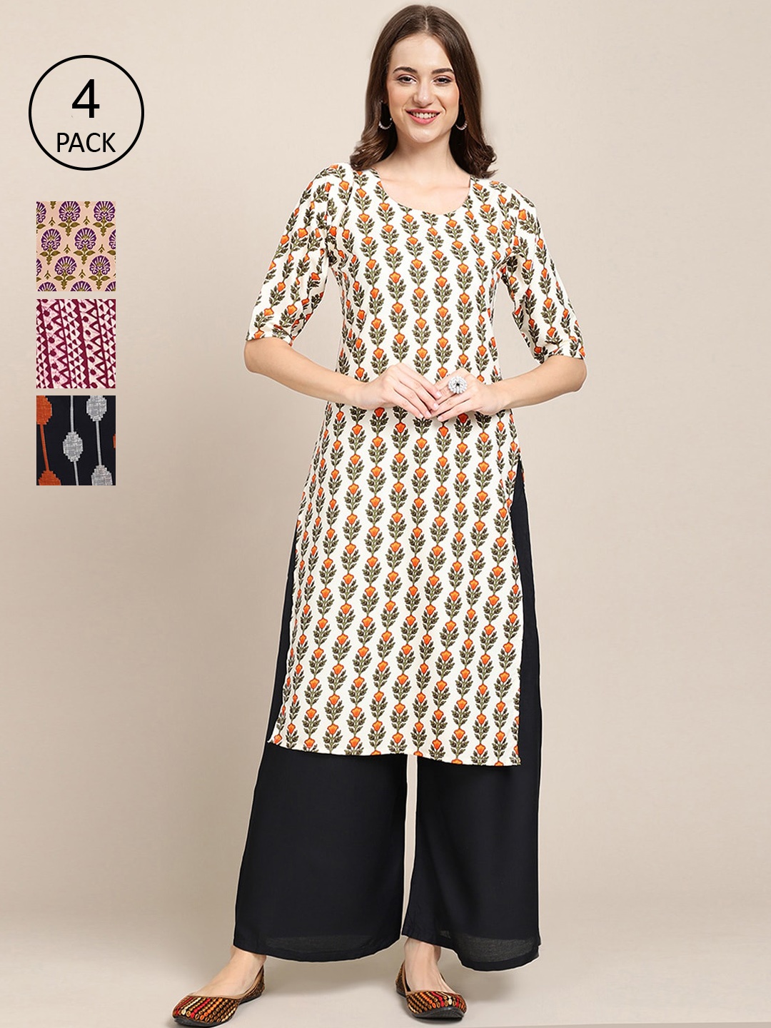

Ethnic basket Pack of 4 Women Cream-Coloured & Navy Blue Printed Crepe Kurta