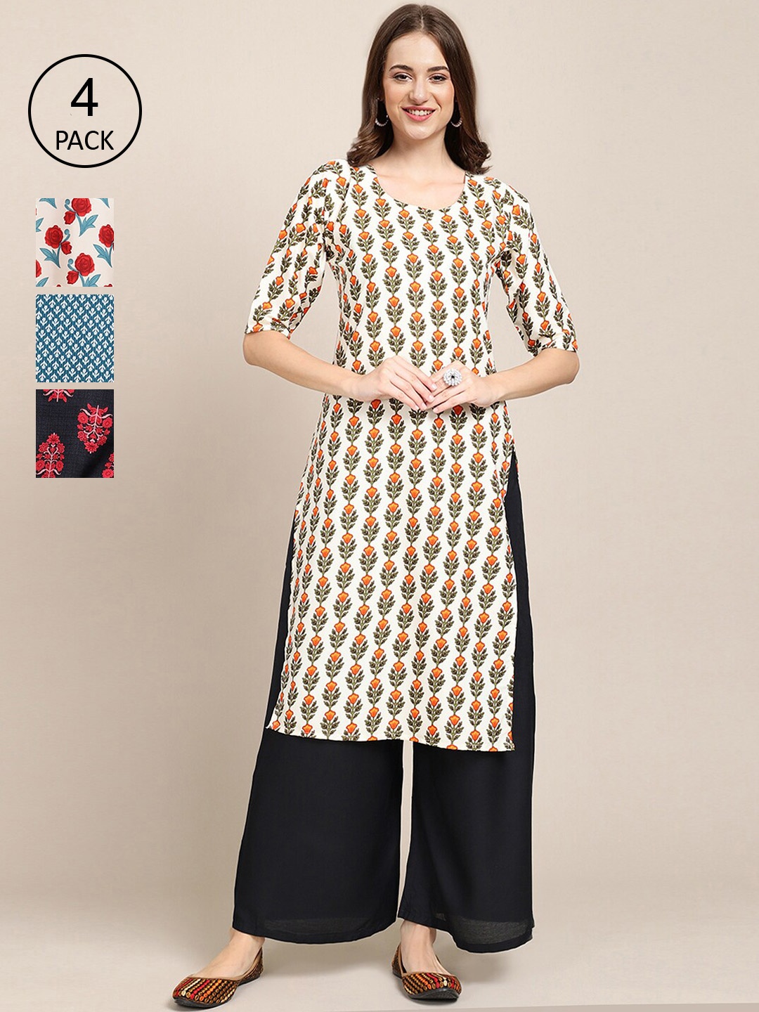 

Ethnic basket Women Pack of 4 Beige & Blue Printed Crepe Kurta