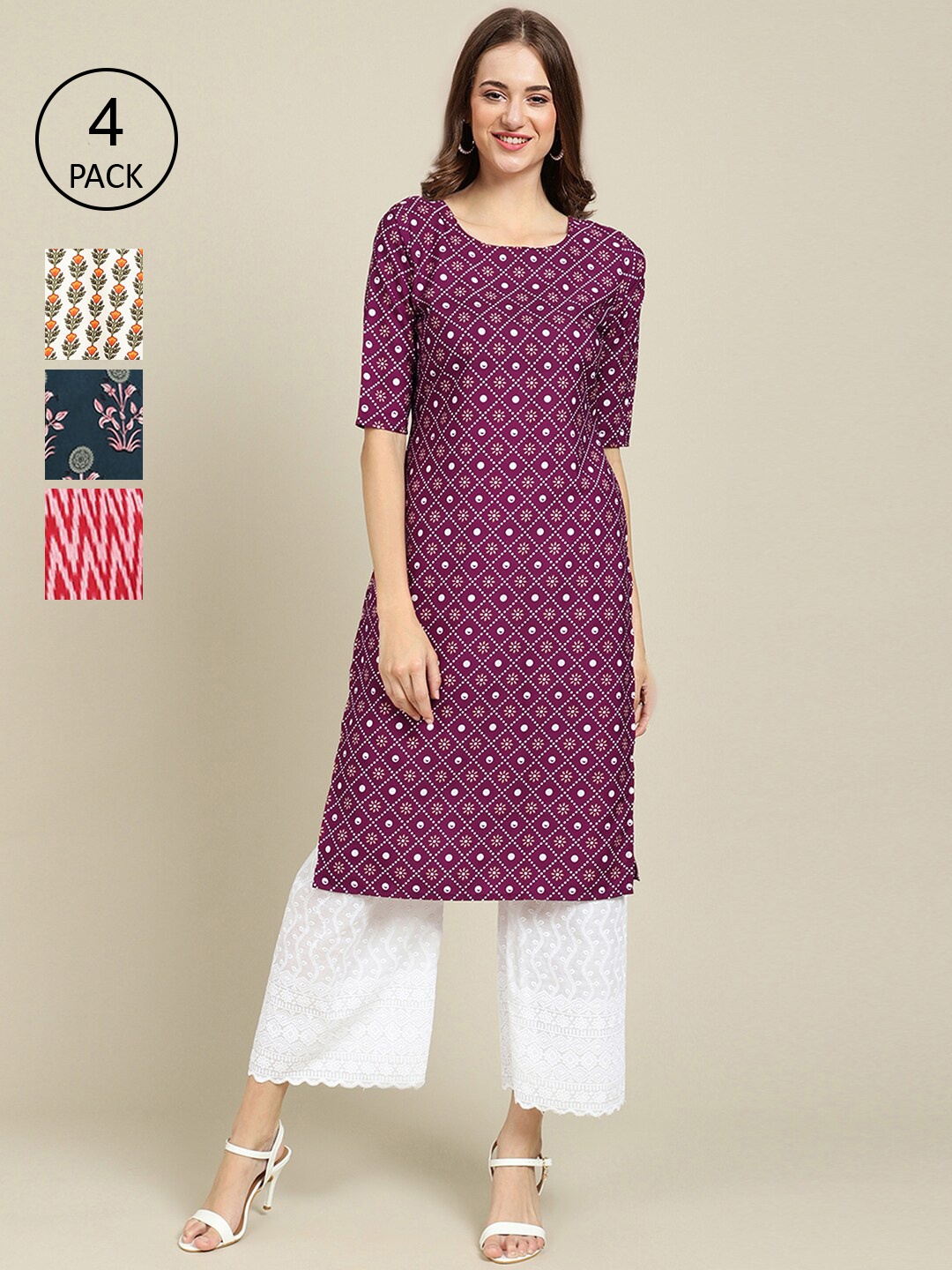 

Ethnic basket Women Pack of 4 Purple & Cream-Coloured Printed Crepe Kurta
