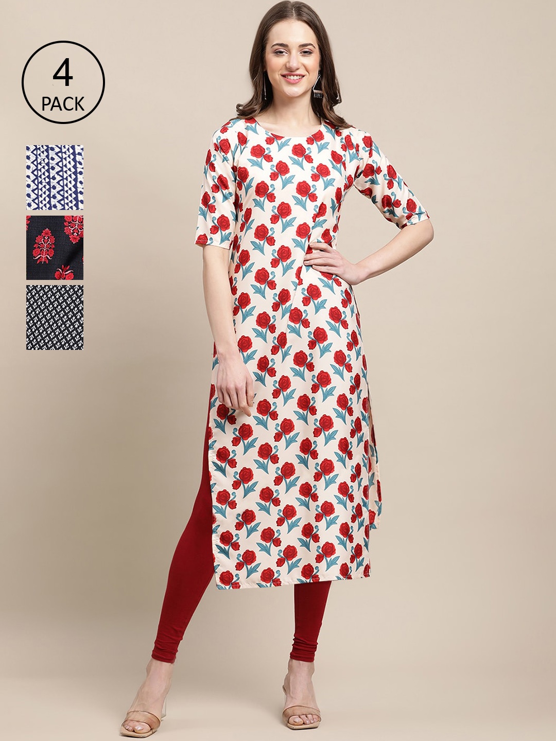 

Ethnic basket Women Pack of 4 Cream-Coloured & Blue Printed Crepe Kurta