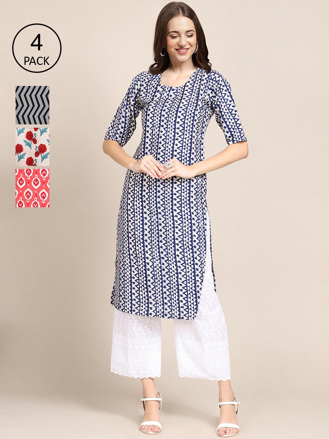 

Ethnic basket Women Pack of 4 Blue & Grey Printed Crepe Kurta