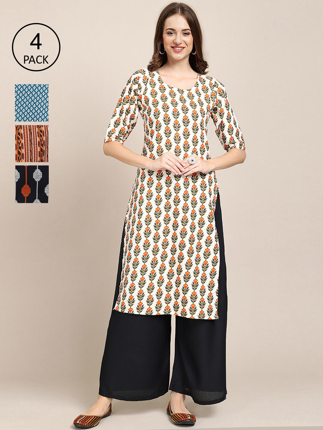 

Ethnic basket Women Pack of 4 Printed Crepe Straight Kurtas, Teal