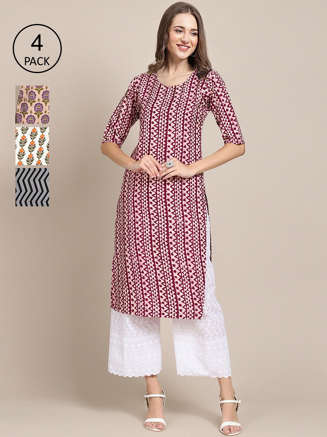 

Ethnic basket Women Pack Of 4 Printed Crepe Straight Kurta, Grey