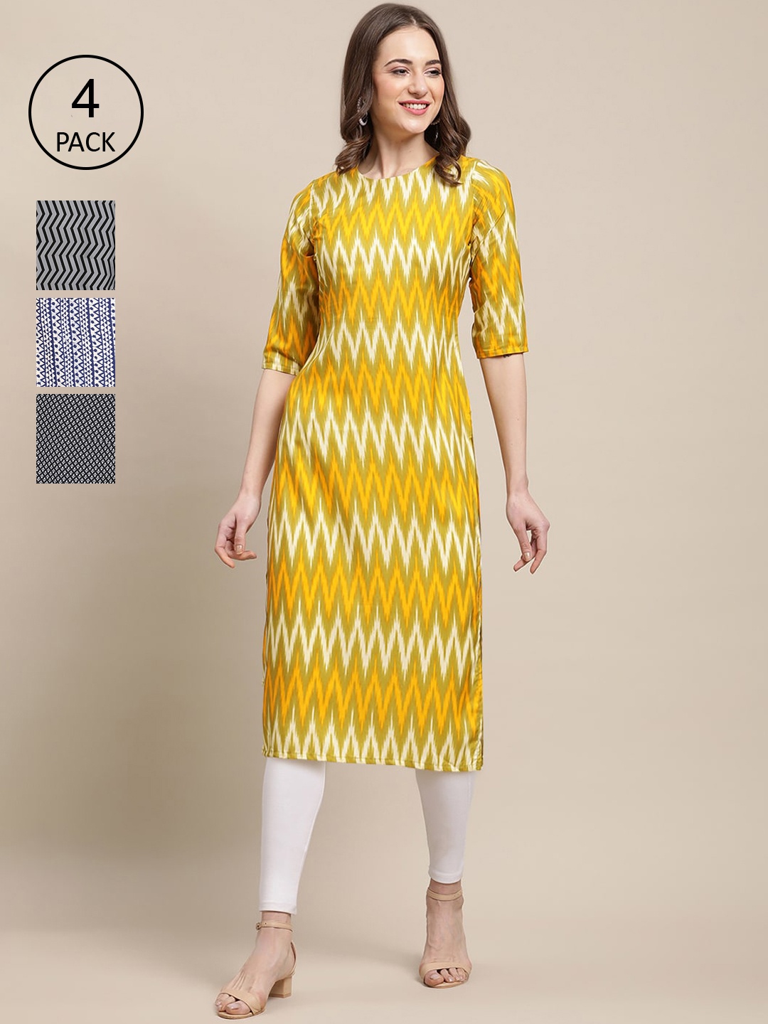 

Ethnic basket Women Pack of 4 Yellow & Blue Printed Crepe Kurta