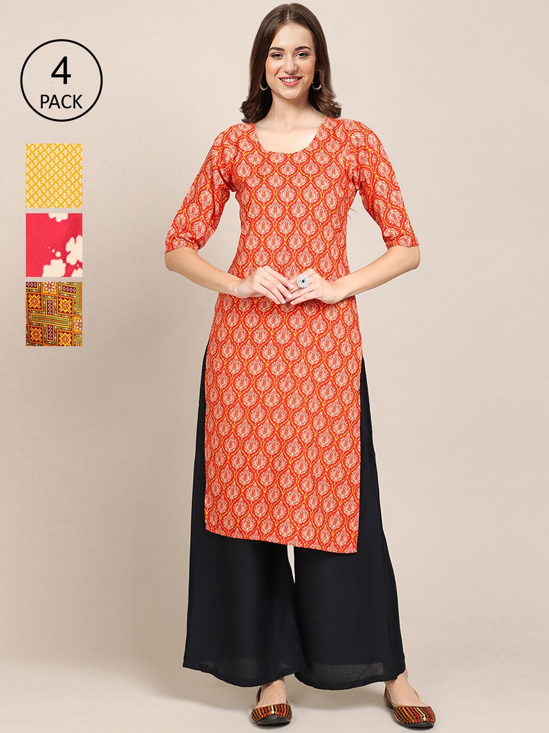 

Ethnic basket Set of 4 Stylish Women's Crepe Printed Block Print Straight Kurta, Red