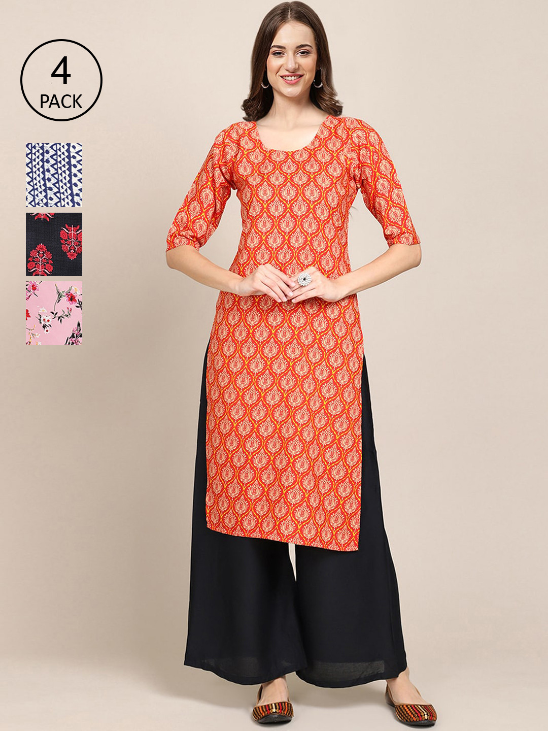 

Ethnic basket Set of 4 Stylish Women's Crepe Printed Block Print Straight Kurta, Pink