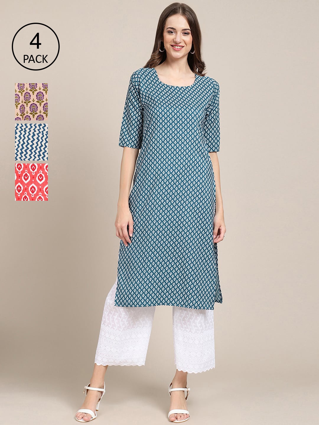 

Ethnic basket Set of 4 Stylish Women's Crepe Printed Block Print Straight Kurta, Multi
