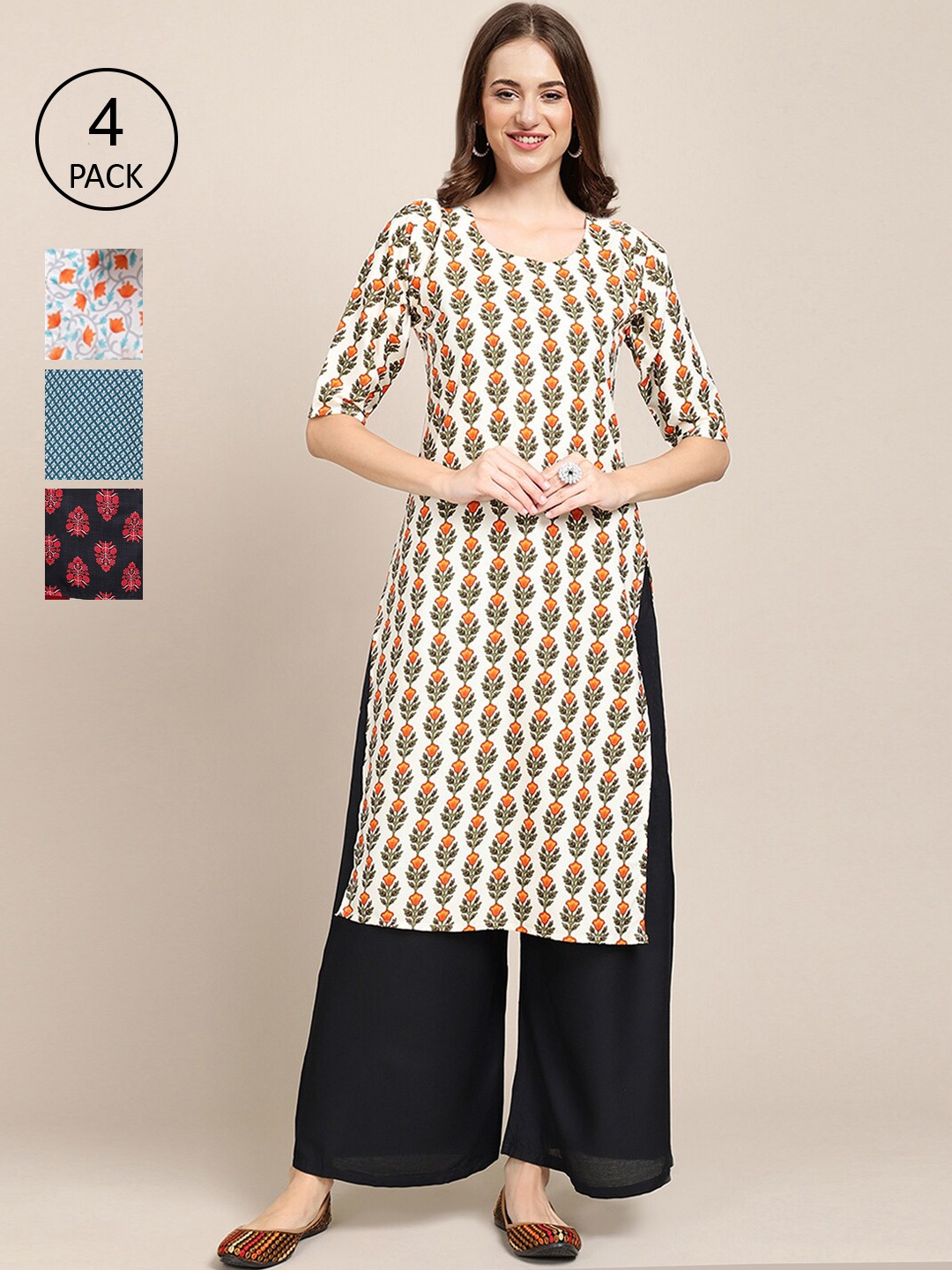 

Ethnic basket Set of 4 Stylish Women's Crepe Printed Block Print Straight Kurta, Multi