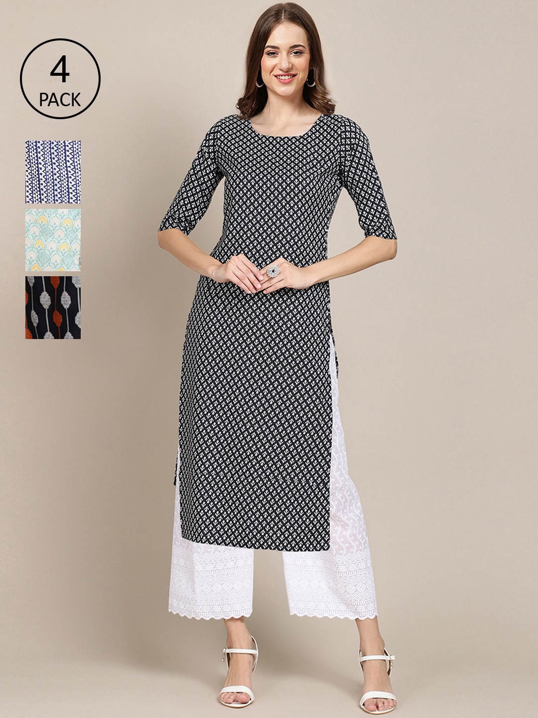 

Ethnic basket Set of 4 Stylish Women's Crepe Printed Block Print Straight Kurta, Multi