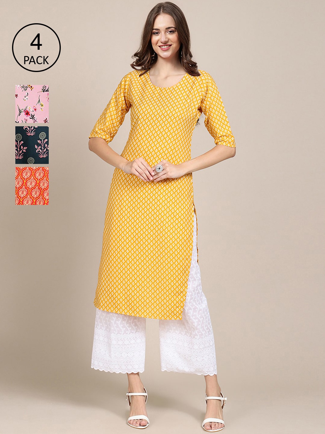 

Ethnic basket Women Pack of 4 Printed Crepe Kurtas, Yellow