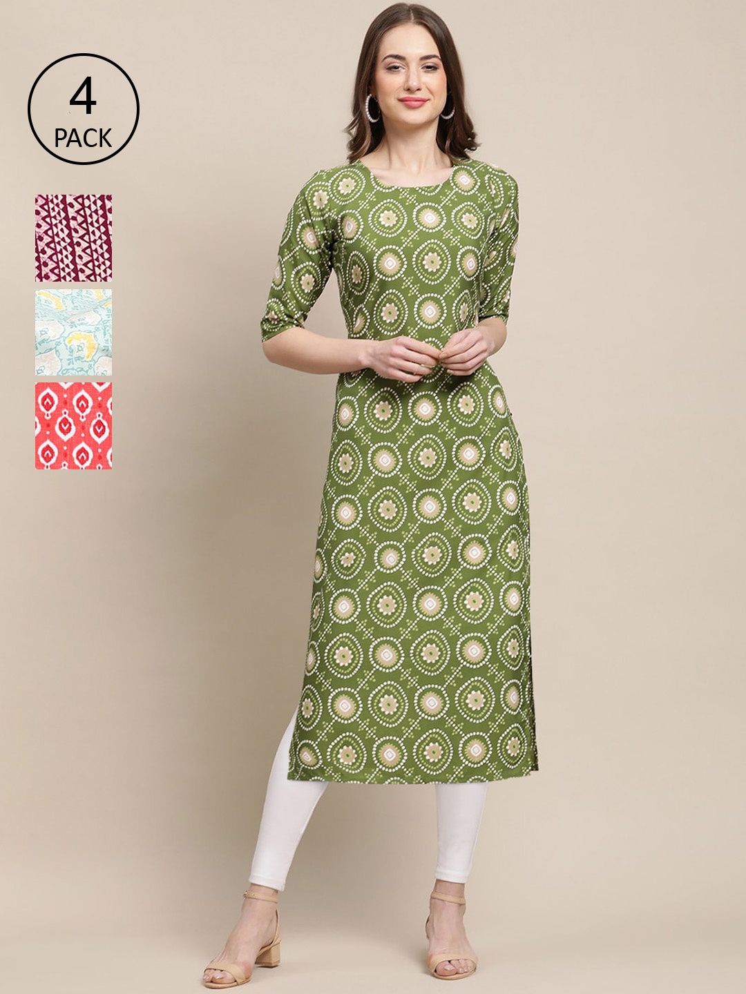 

Ethnic basket Set of 4 Stylish Women's Crepe Printed Block Print Straight Kurta, Multi