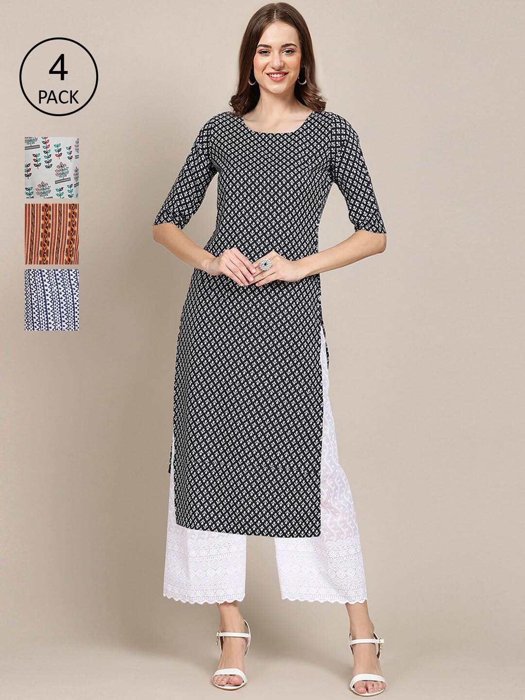 

Ethnic basket Set of 4 Stylish Women's Crepe Printed Block Print Straight Kurta, Multi