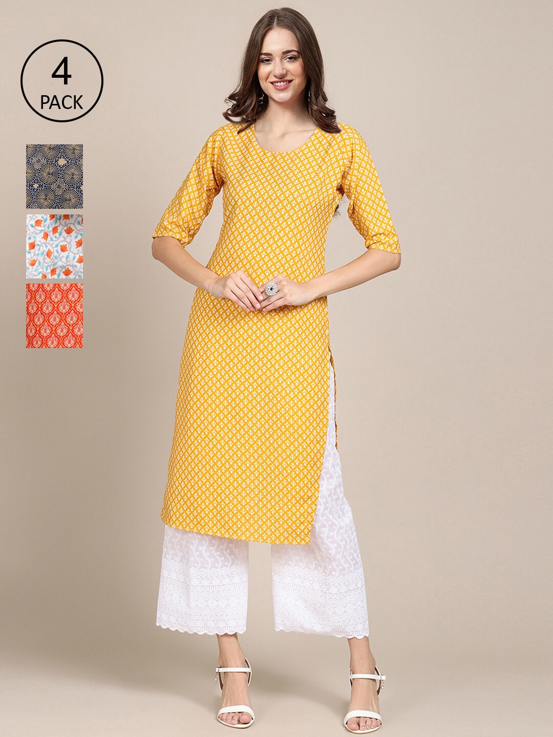 

Ethnic basket Women Pack of 4 Printed Crepe Straight Kurtas, Yellow