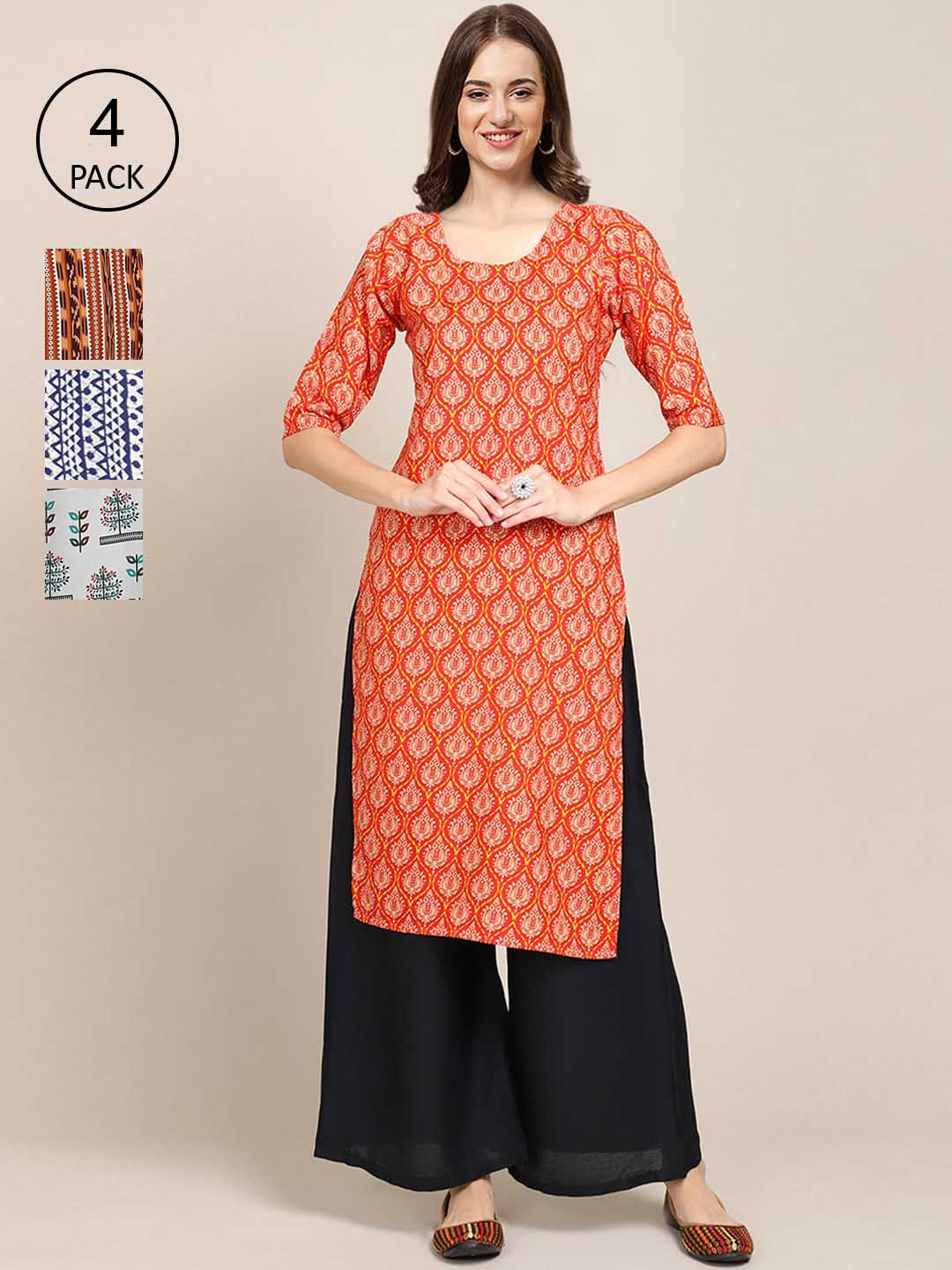 

Ethnic basket Women Pack of 4 Printed Crepe Straight Kurtas, Red