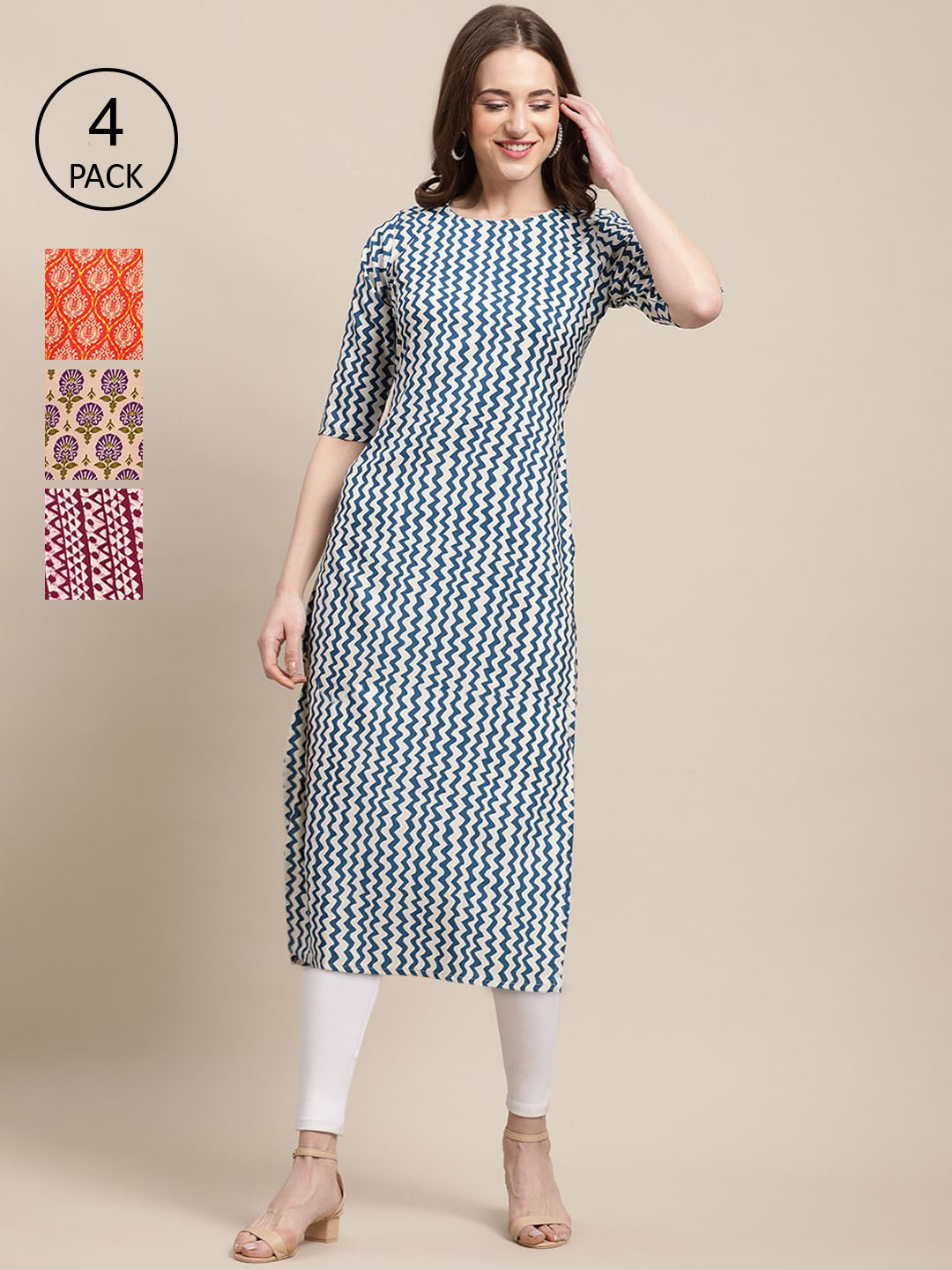 

Ethnic basket Women Pack of 4 Printed Crepe Straight Kurtas, Blue