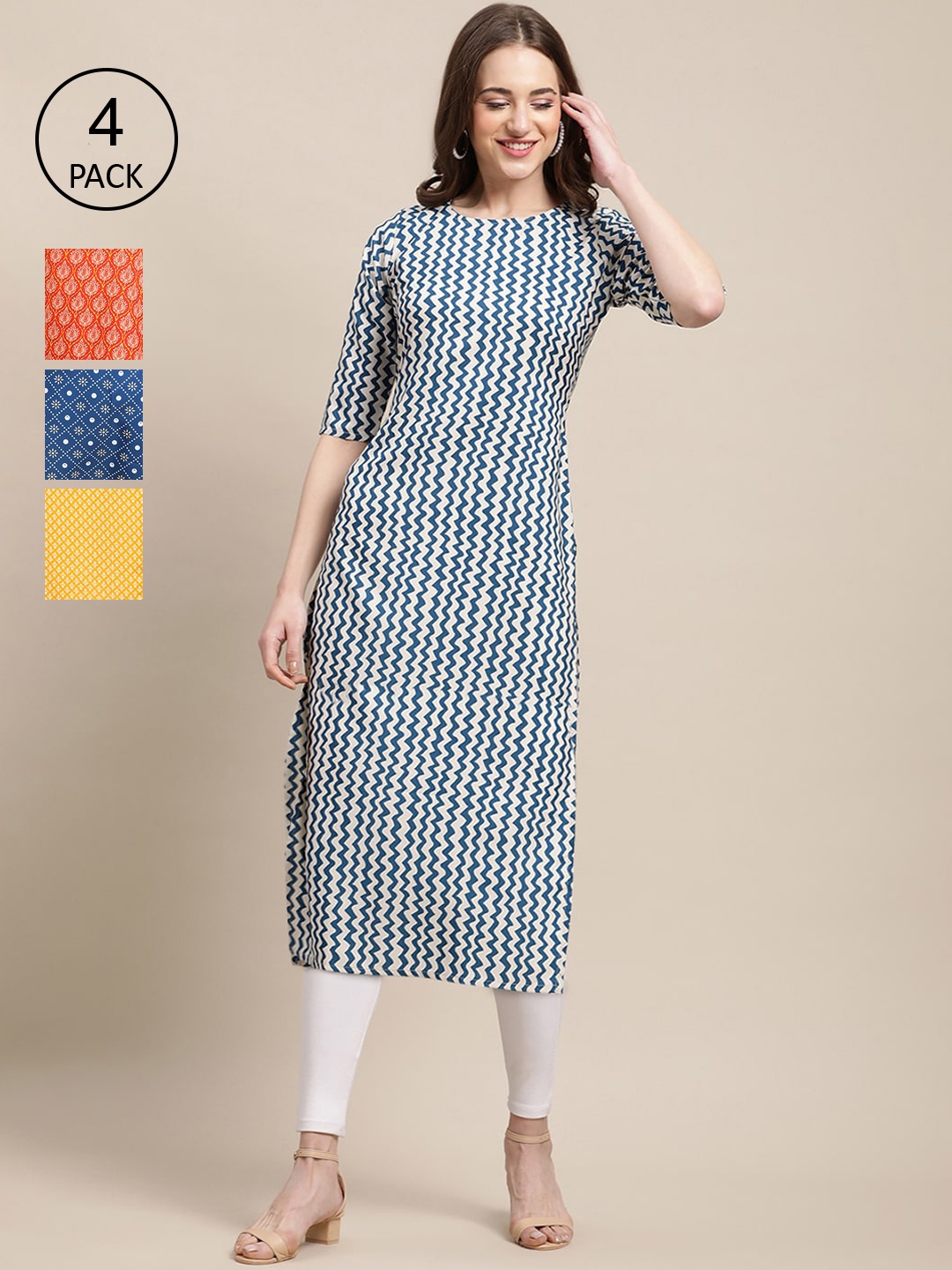 

Ethnic basket Women Pack of 4 Printed Crepe Straight Kurtas, Blue