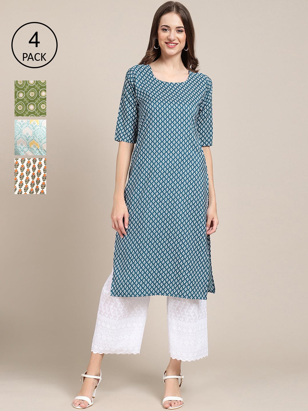 

Ethnic basket Women Pack of 4 Printed Crepe Straight Kurtas, Blue