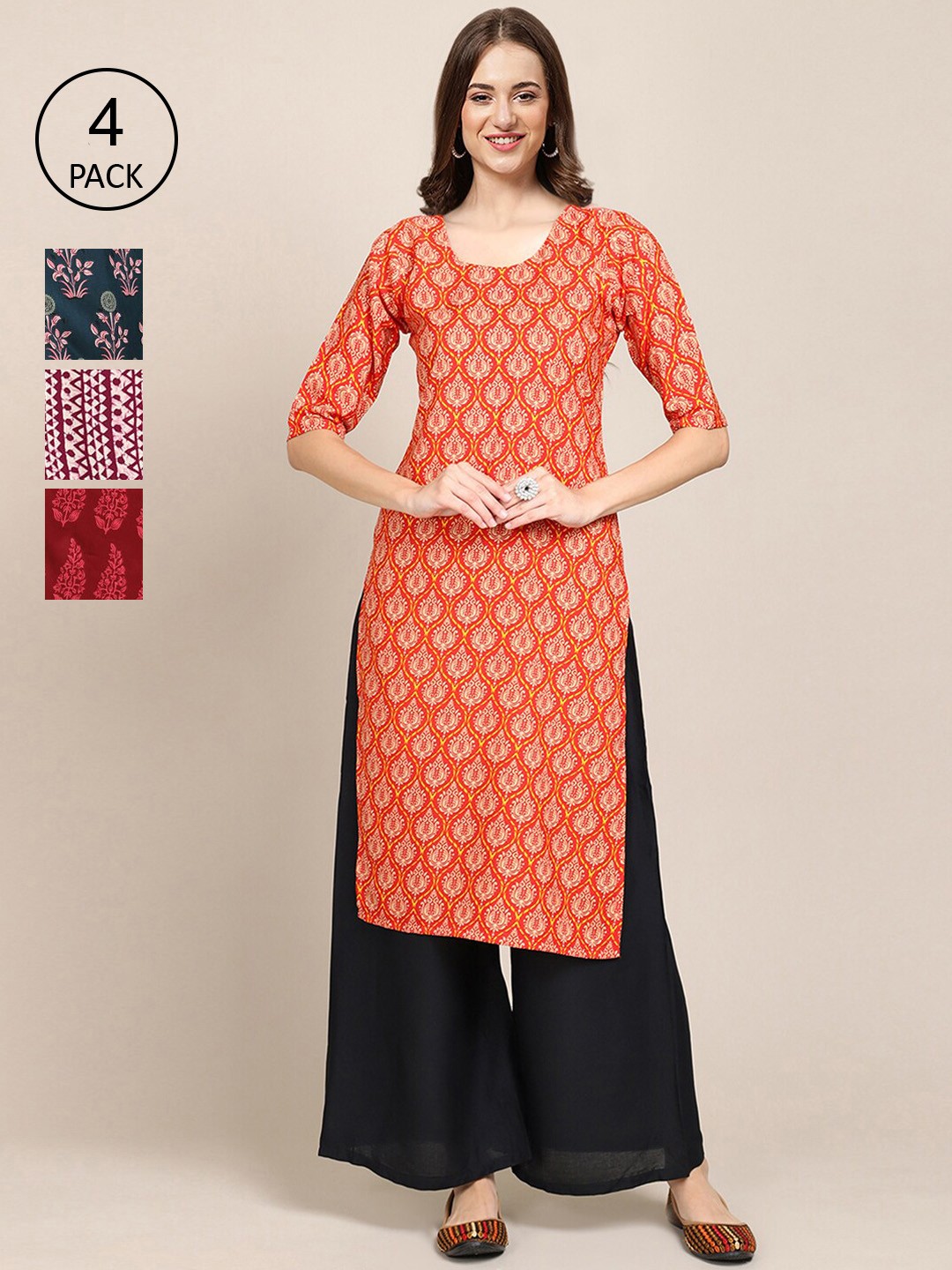

Ethnic basket Women Pack of 4 Printed Crepe Kurtas, Orange