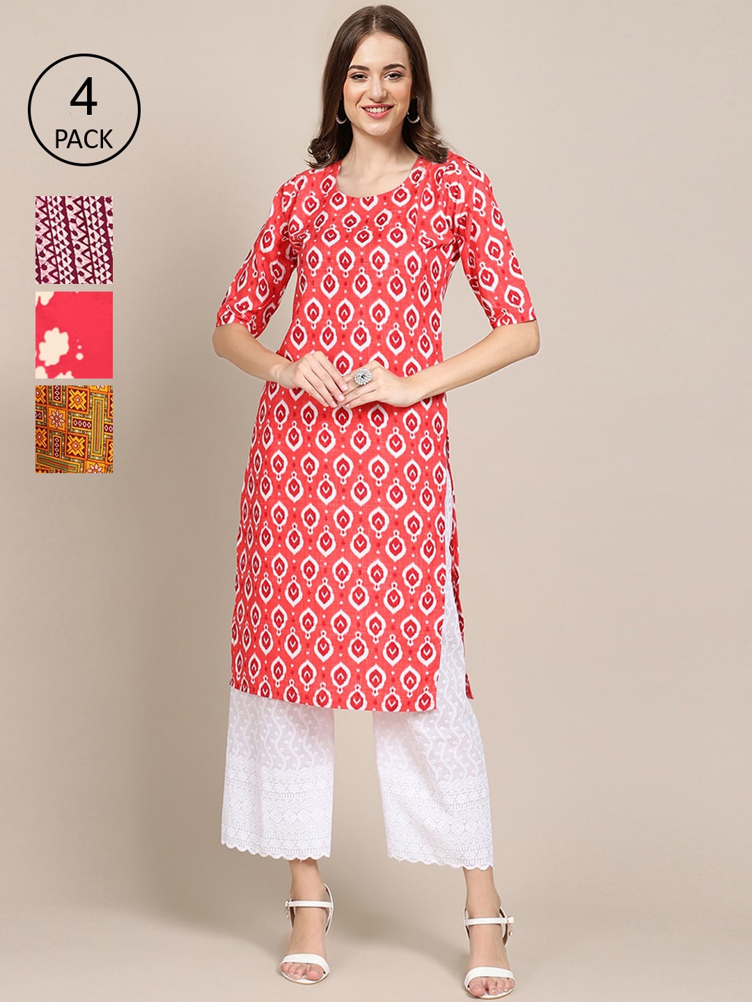 

Ethnic basket Women Pack Of 4 Ethnic Motifs Printed Crepe Kurta, Pink