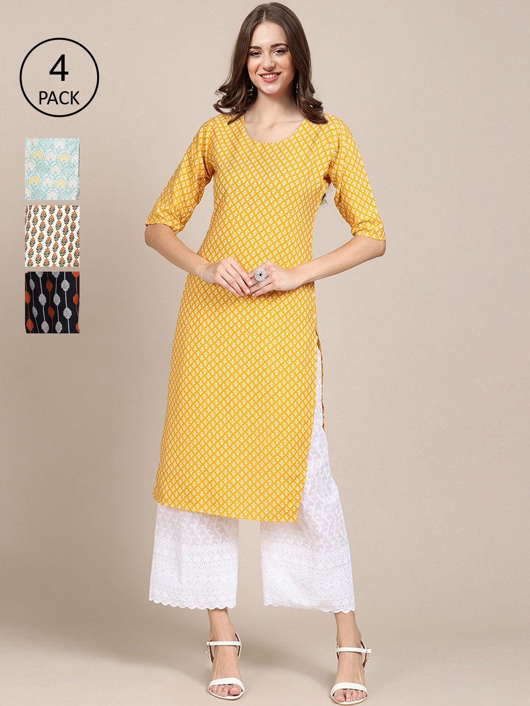 

Ethnic basket Women Pack of 4 Printed Crepe Straight Kurtas, Yellow
