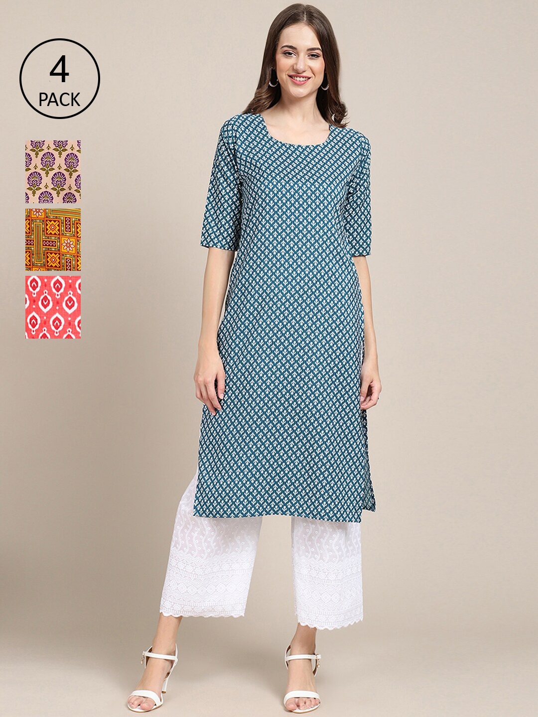 

Ethnic basket Women Pack of 4 Blue & Coral Ethnic Motifs Printed Crepe Kurta