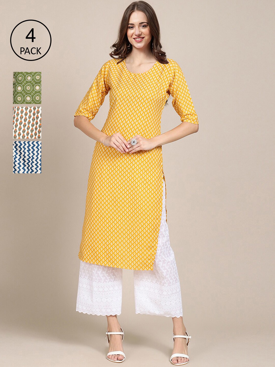 

Ethnic basket Women Pack of 4 Printed Crepe Straight Kurtas, Yellow
