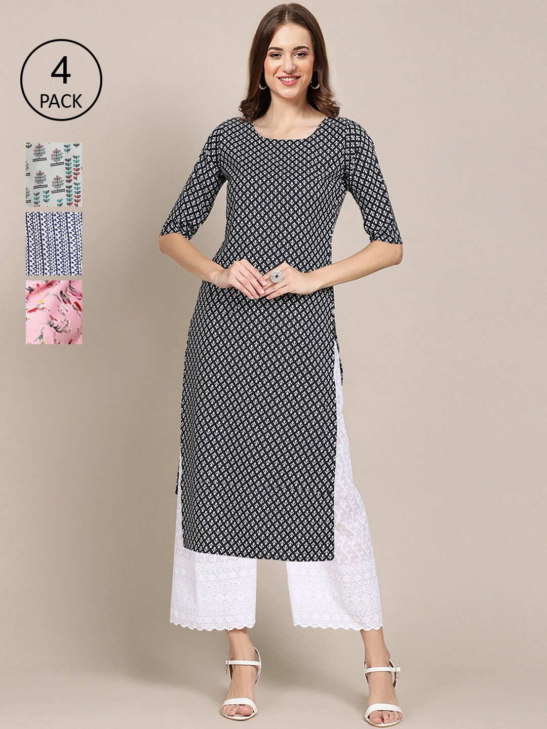 

Ethnic basket Women Pack of 4 Printed Crepe Straight Kurtas, Black