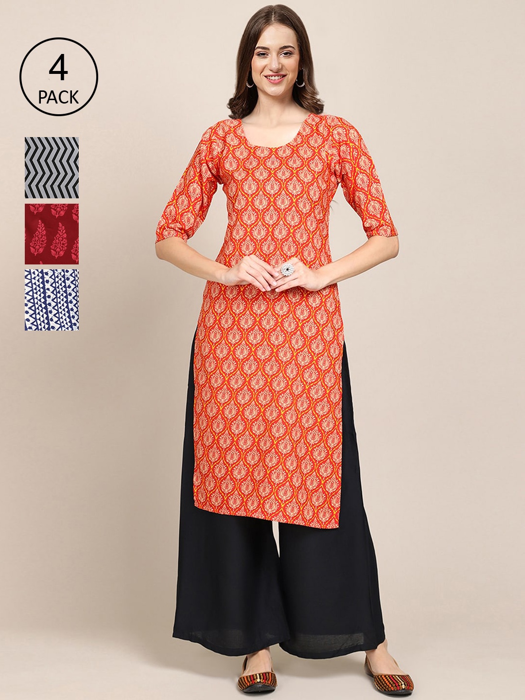 

Ethnic basket Women Pack of 4 Printed Crepe Straight Kurtas, Red