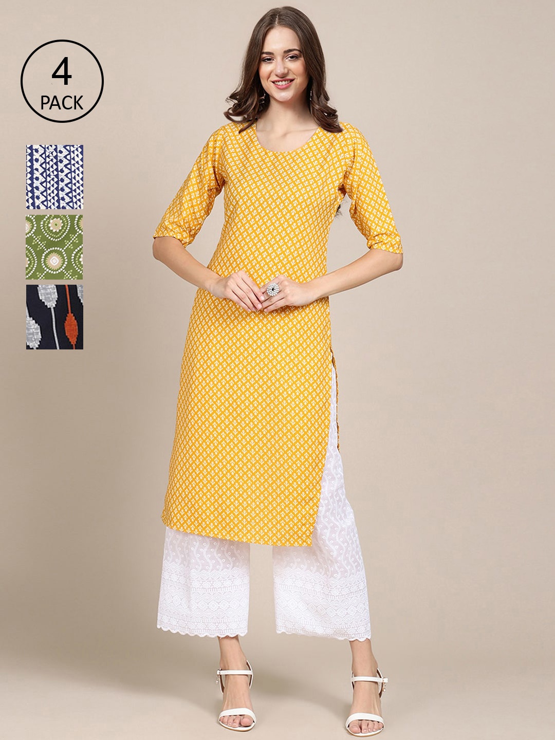 

Ethnic basket Women Pack Of 4 Ethnic Motifs Printed Block Print Crepe Kurtas, Yellow