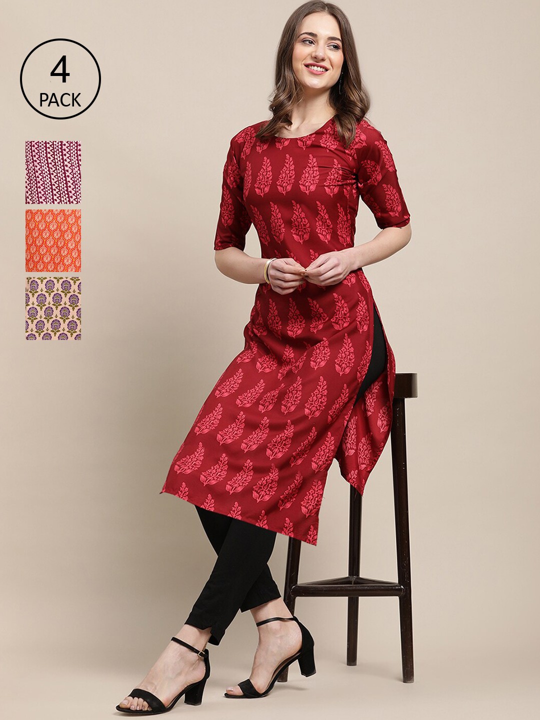 

Ethnic basket Women Pack of 4 Printed Crepe Straight Kurtas, Red