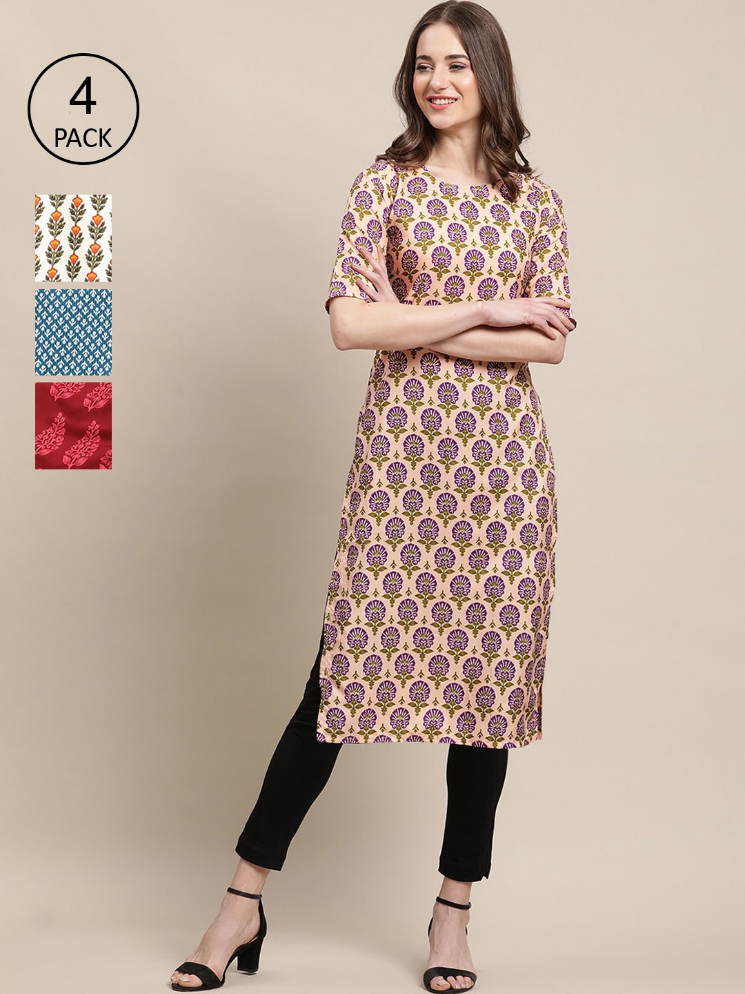 

Ethnic basket Women Pack of 4 Printed Crepe Straight Kurtas, Blue