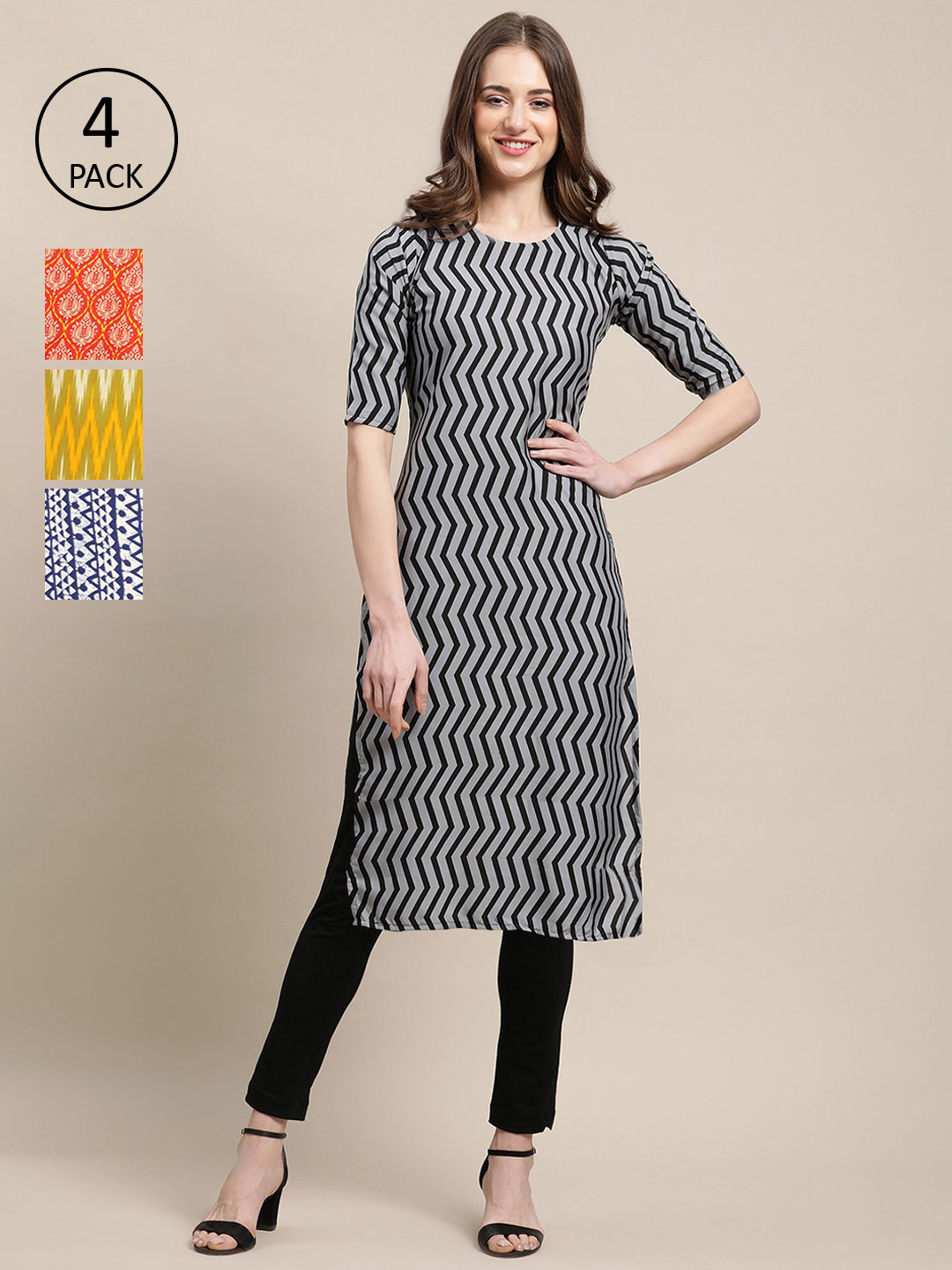 

Ethnic basket Women Pack Of 4 Ethnic Motifs Printed Crepe Kurta, Black