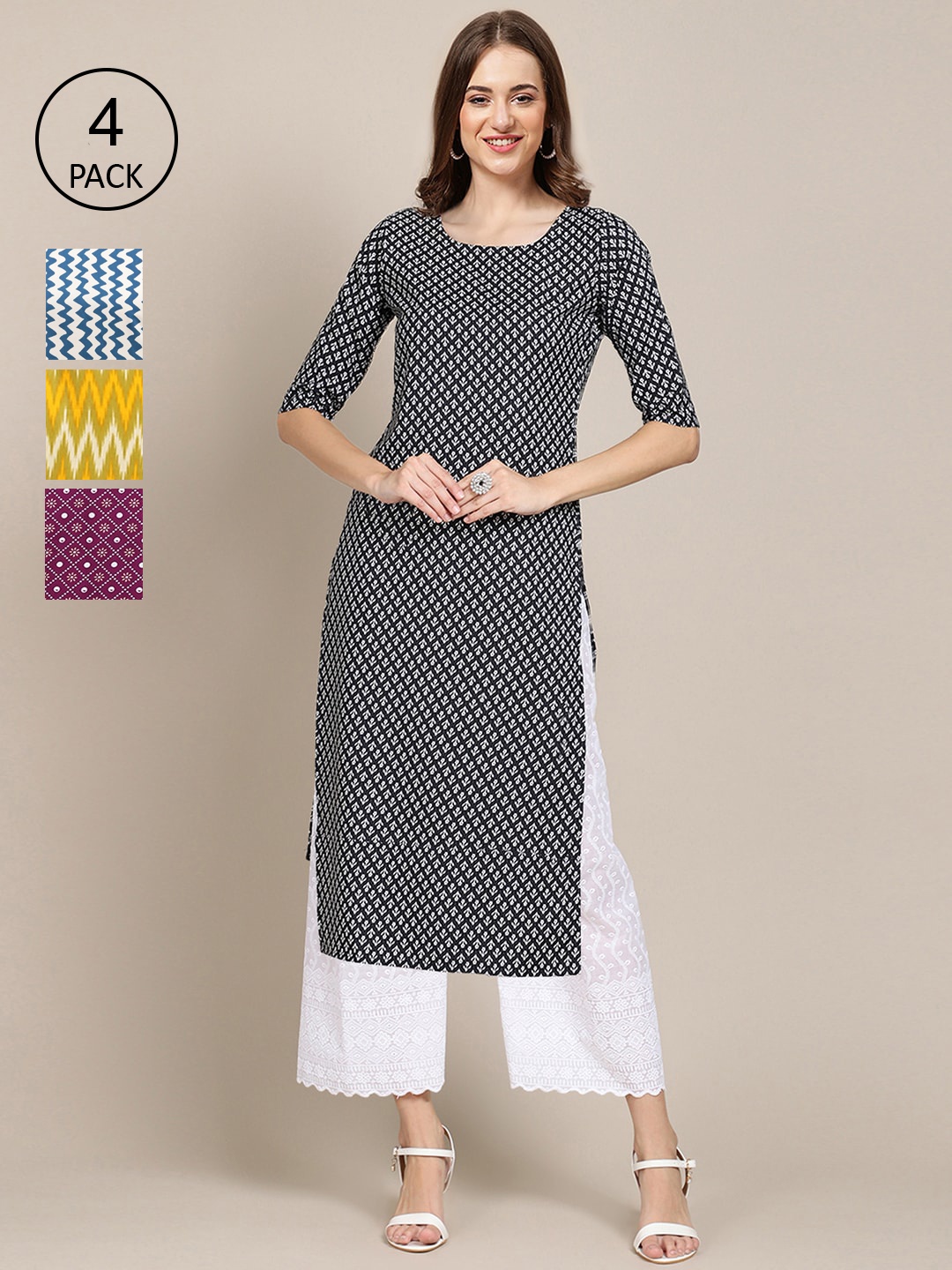 

Ethnic basket Women Black & White Geometric Printed Crepe Kurta