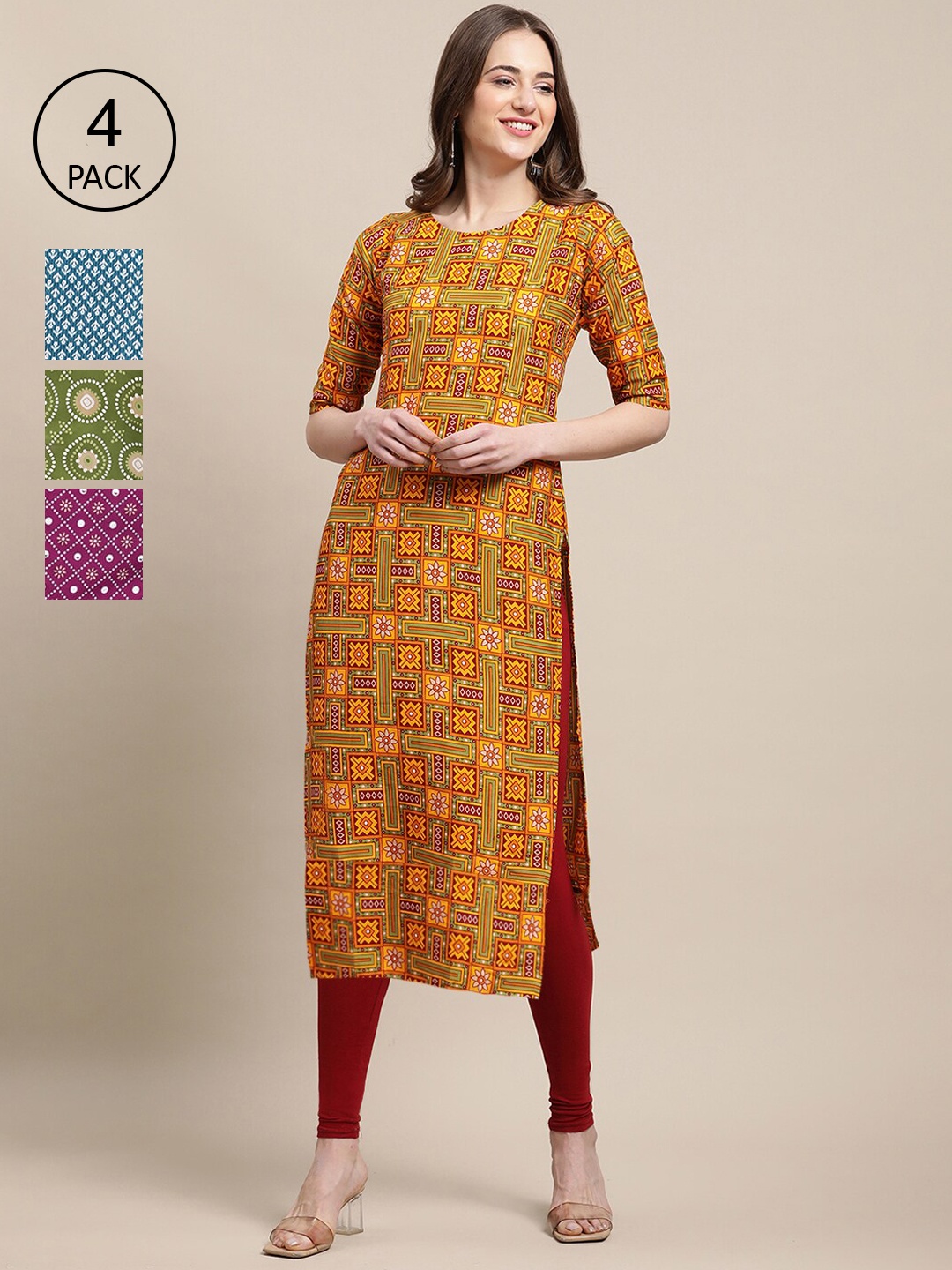 

Ethnic basket Women Pack of 4 Ethnic Motifs Printed Crepe Kurtas, Mustard