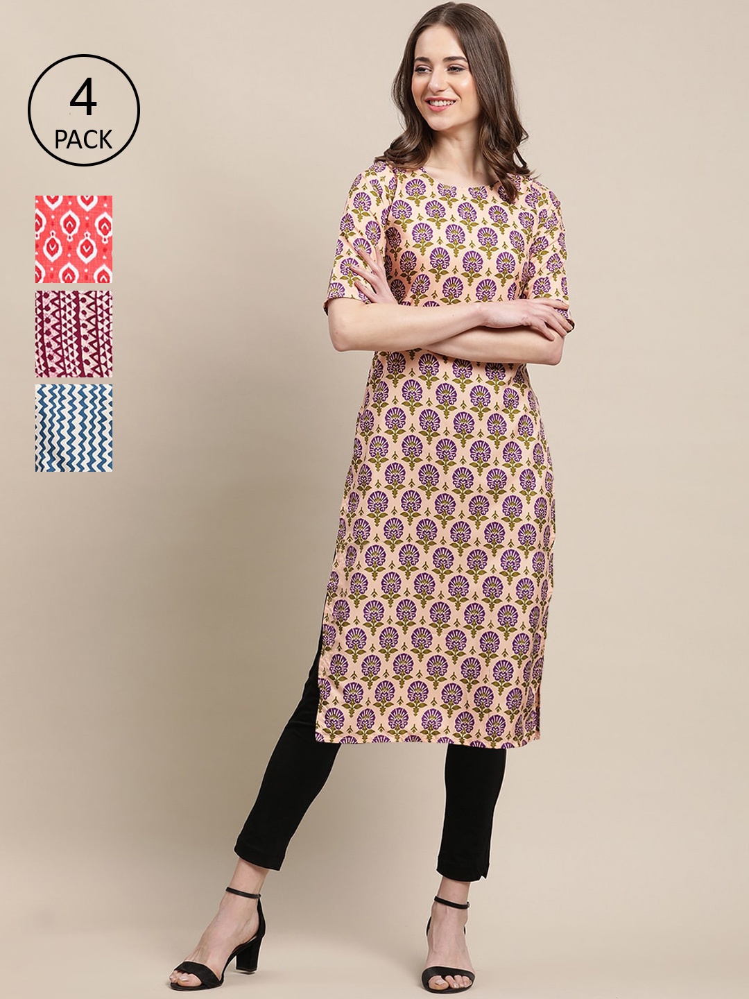

Ethnic basket Women Blue & Maroon Pack Of 4 Geometric Printed Block Print Crepe Kurta