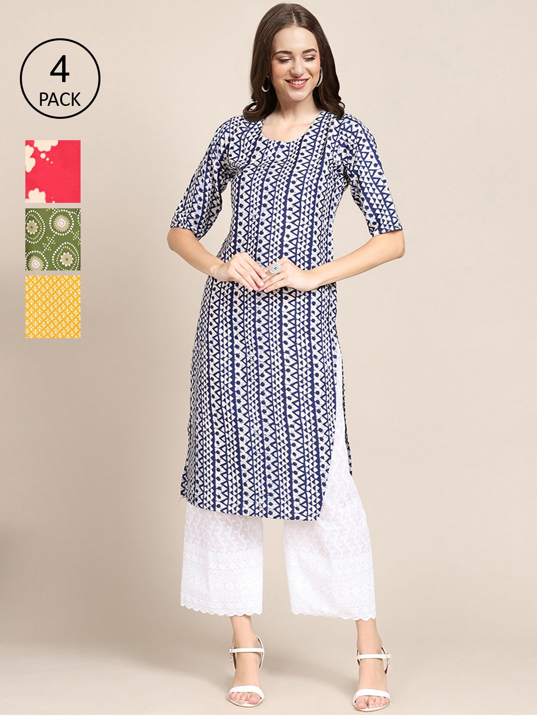 

Ethnic basket Women Yellow & Coral Pack Of 4 Floral Printed Block Print Crepe Kurta