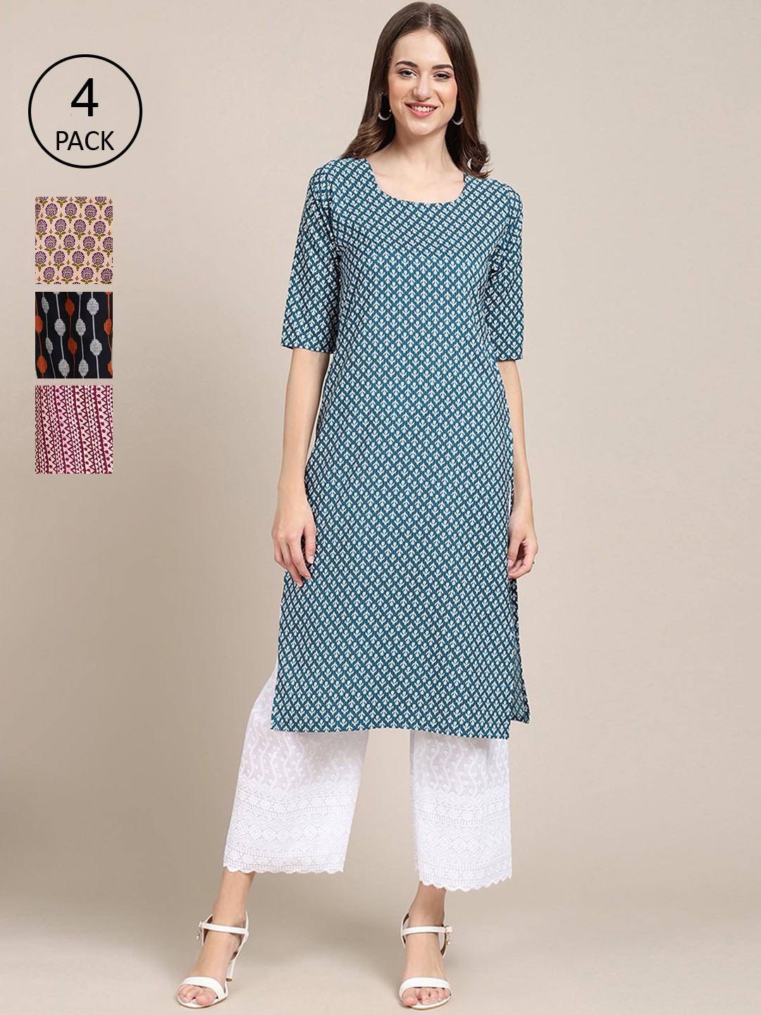 

Ethnic basket Women Blue & Maroon Pack Of 4 Geometric Striped Block Print Crepe Kurta