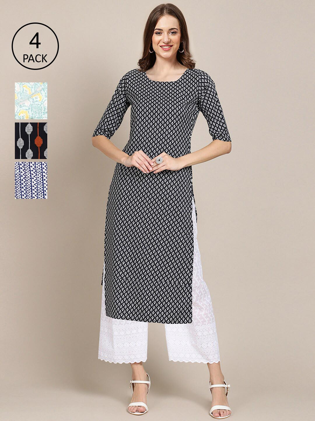 

Ethnic basket Women Black & White Pack Of 4 Geometric Printed Block Print Crepe Kurta