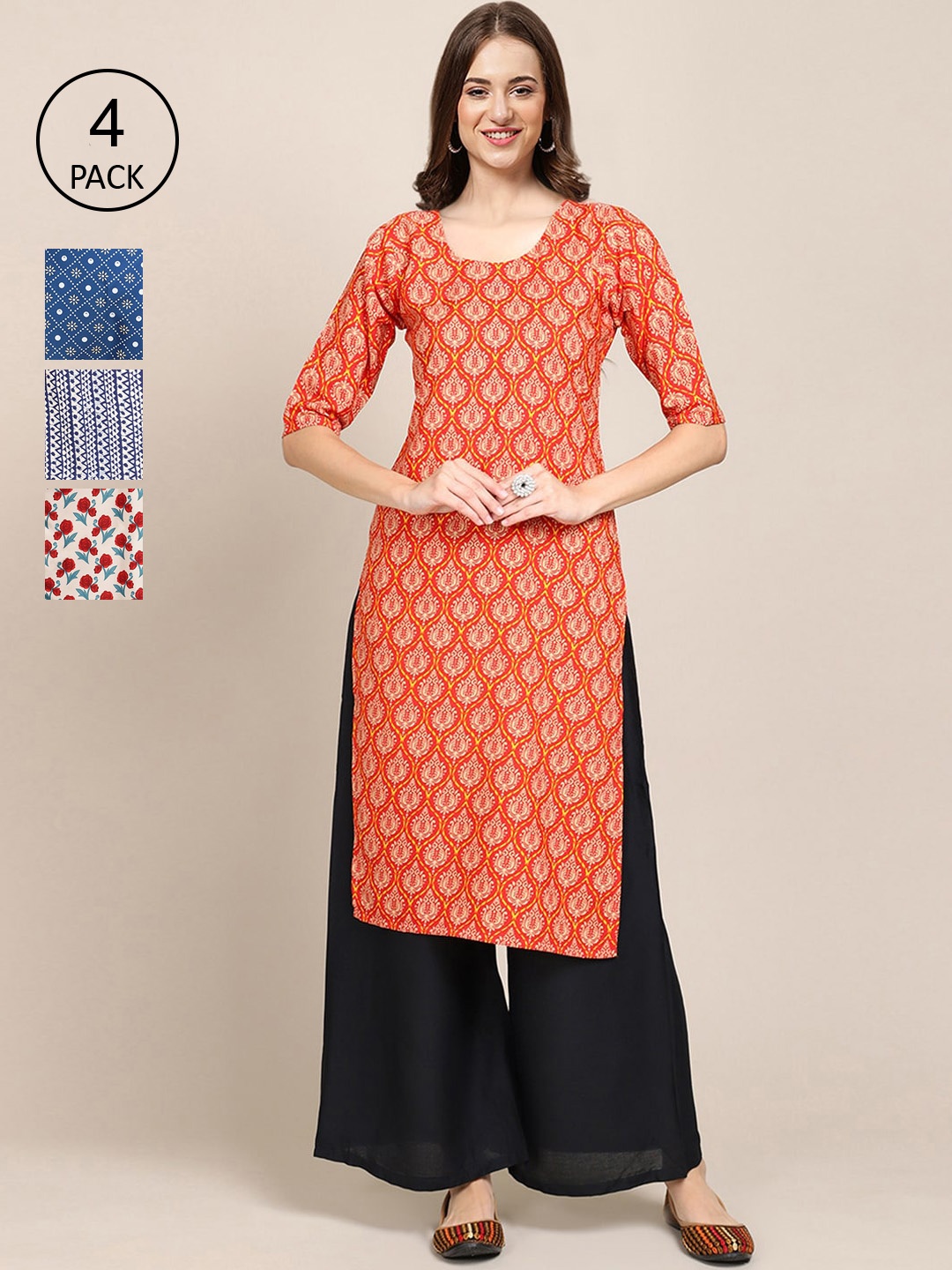

Ethnic basket Women Blue & Red Floral Printed Block Print Crepe Kurta