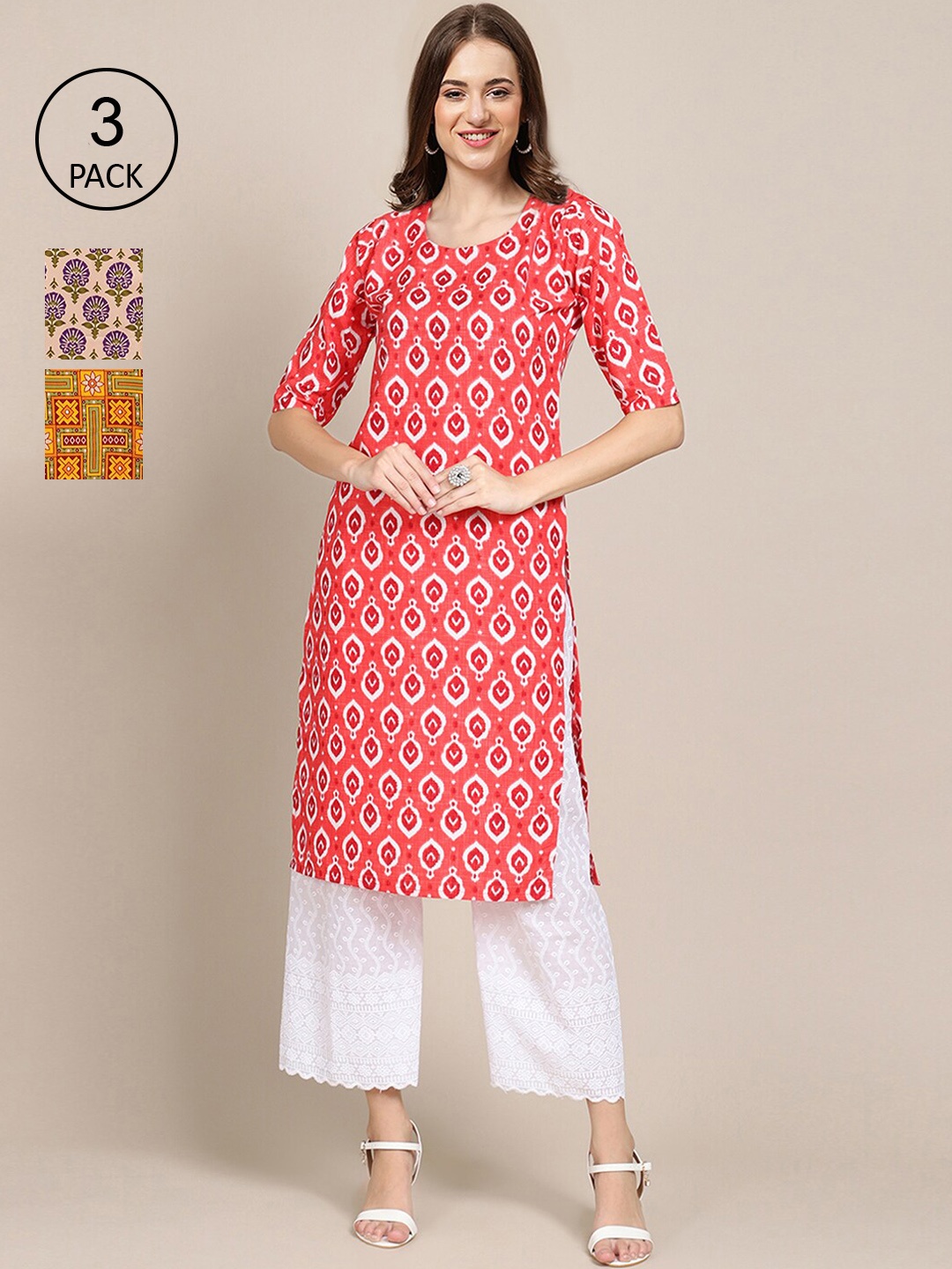 

Ethnic basket Women Yellow & Coral Pack Of 3 Floral Printed Block Print Crepe Kurta