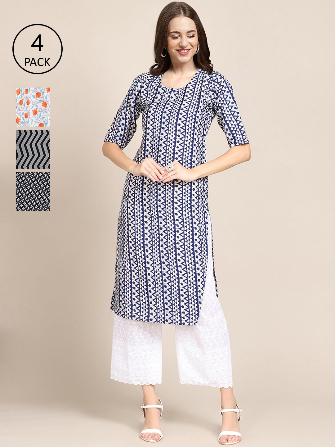 

Ethnic basket Women Blue & White Pack Of 4 Geometric Striped Block Print Crepe Kurta