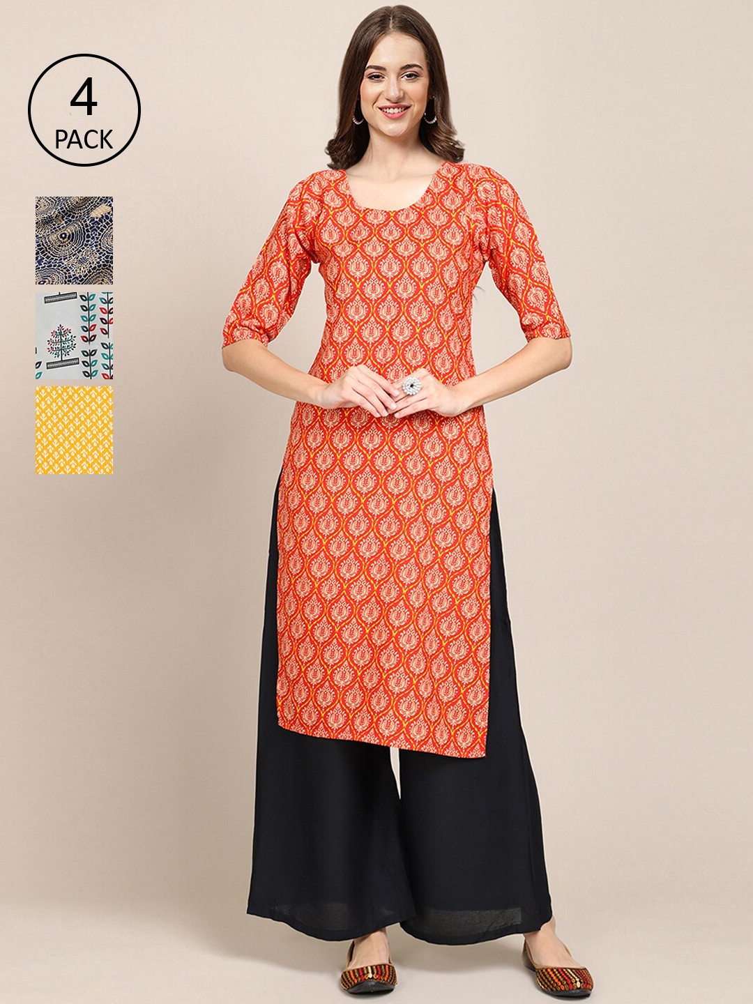 

Ethnic basket Women Grey & Yellow Pack Of 4 Floral Printed Block Print Crepe Kurta