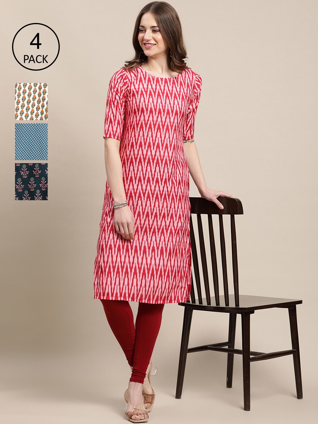 

Ethnic basket Women Pack of 4 Floral Printed Crepe Kurta, Red