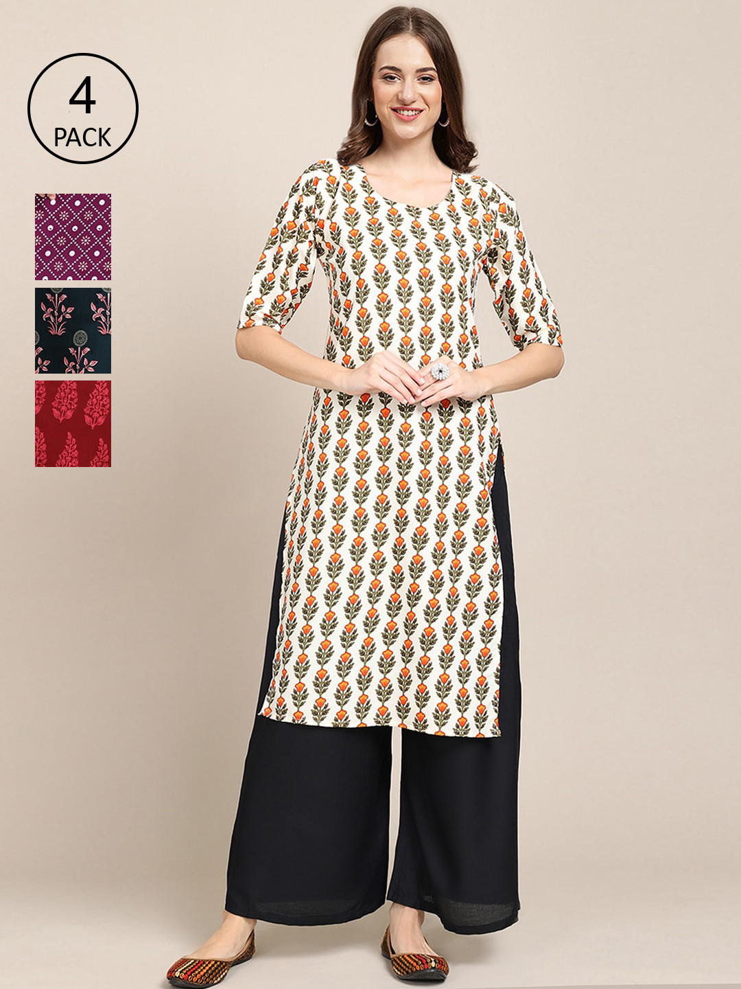 

Ethnic basket Women White & Red Pack Of 4 Geometric Printed Block Print Crepe Kurta