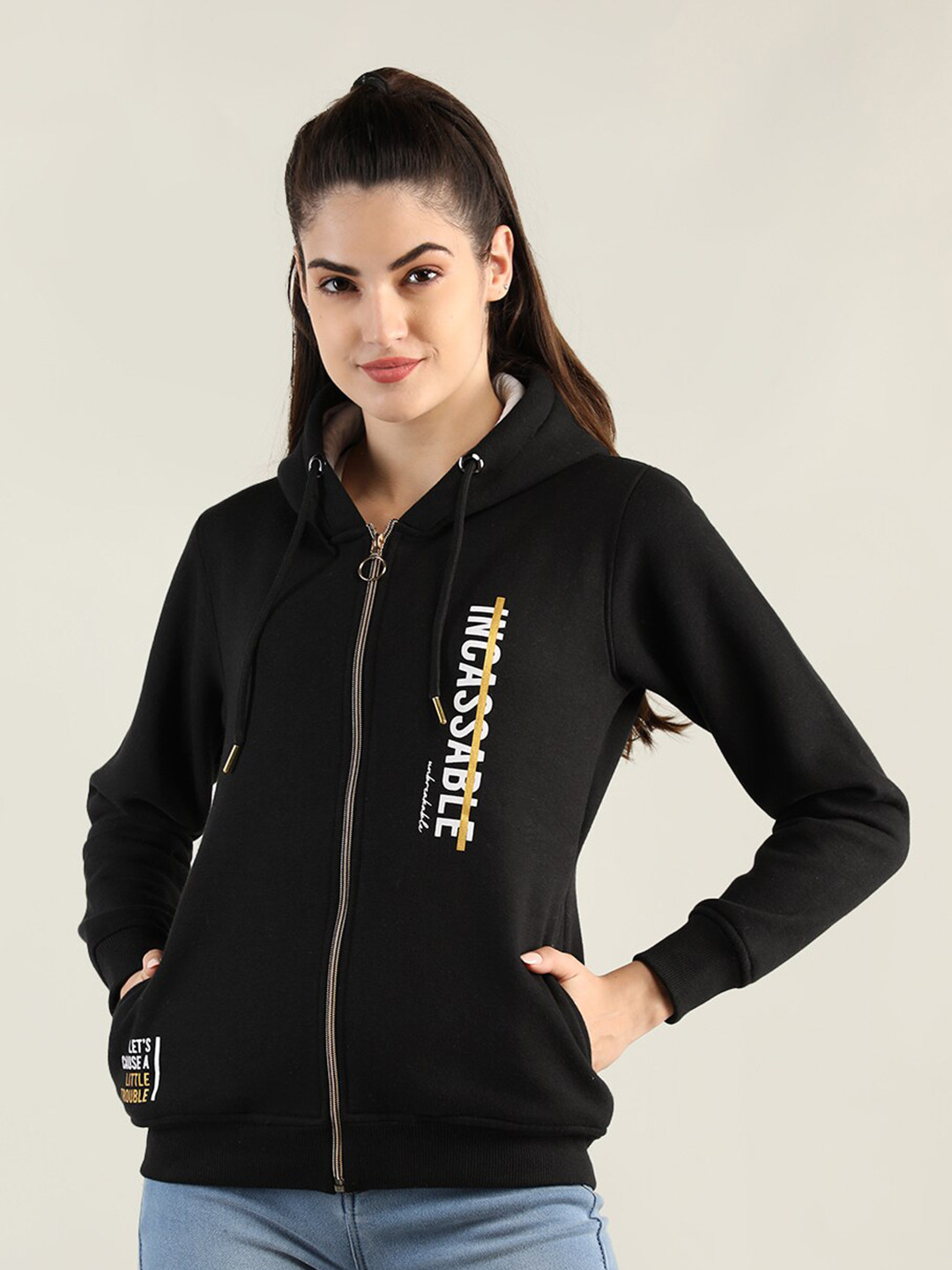 

PROTEX Women Black Printed Cotton Hooded Sweatshirt