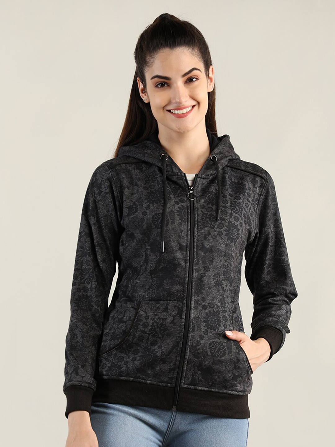 

PROTEX Women Grey Printed Cotton Hooded Sweatshirt