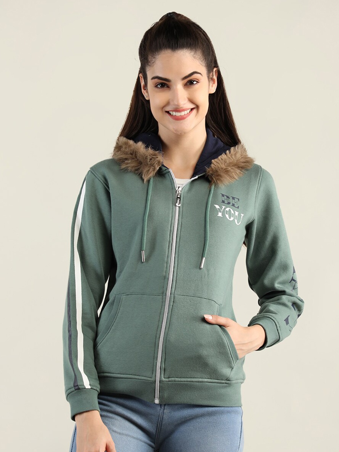 

PROTEX Women Olive Green Cotton Hooded Sweatshirt